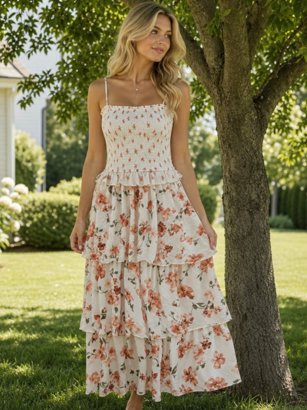 New Ivory Floral Tiered Maxi Dress with  Rose Print With adjustable straps. Lrg